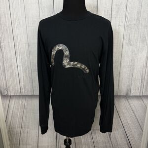 Evisu Men's XXL Black Large Logo Long Sleeve Crewneck Shirt Y2K